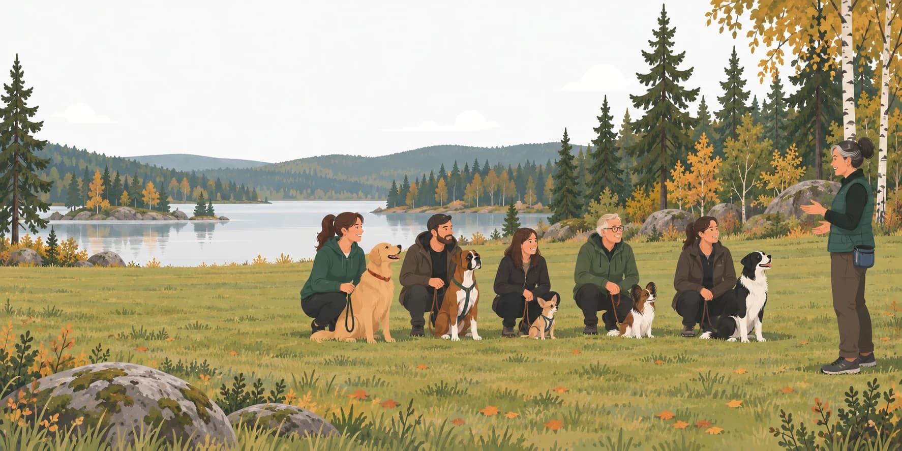 En instruktör som håller kurs för fem hundägare med sina hundar på en gräsplan vid en sjö